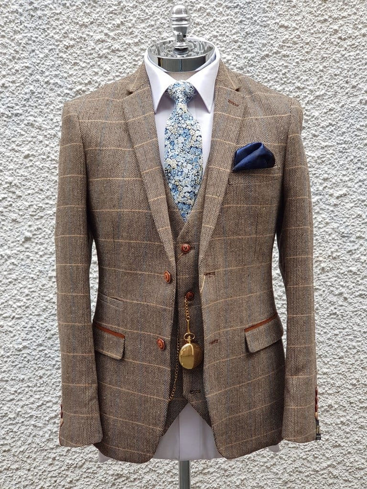 Marc Darcy Ted Mens 3 Piece Tan Slim Fit Tweed Suit - 36R / 30R - Suit & Tailoring
