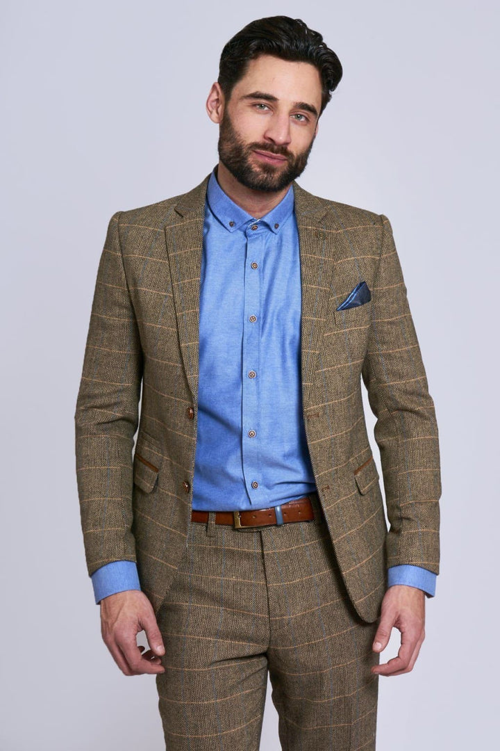 Marc Darcy TED Tan Heritage Tweed Check Two Piece Suit - 36R / 30R - Suit & Tailoring
