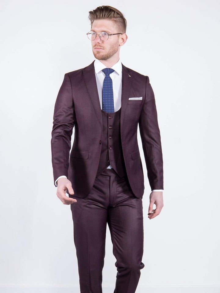 Antonio Mens 3 Piece Skinny Fit Wine Suit - Suit & Tailoring