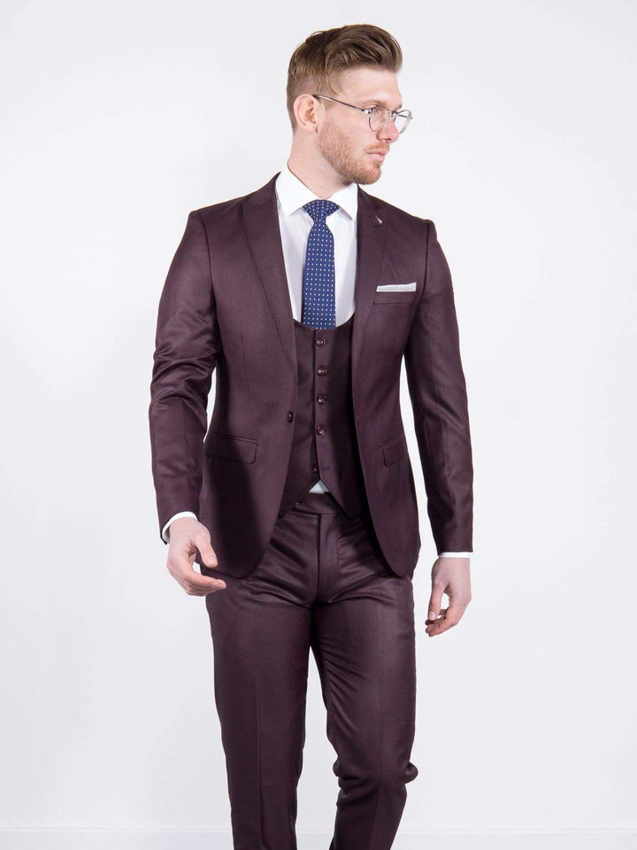Antonio Mens 3 Piece Skinny Fit Wine Suit - Suit & Tailoring