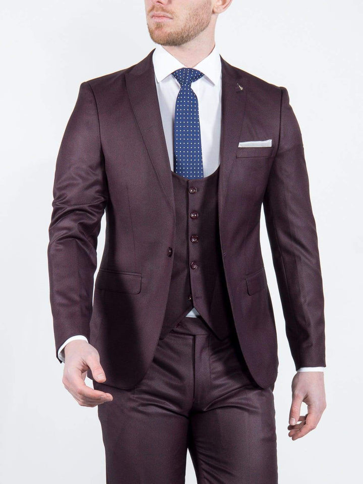 Antonio Mens 3 Piece Skinny Fit Wine Suit - 36R - Suit & Tailoring