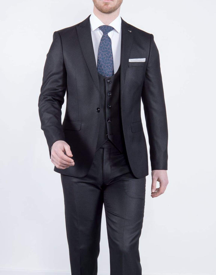 Bond Mens 3 Piece Skinny Fit Black Suit - 36R - Suit & Tailoring