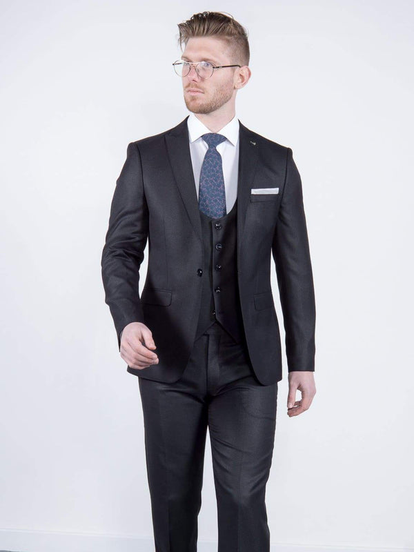Bond Mens 3 Piece Skinny Fit Black Suit - Suit & Tailoring