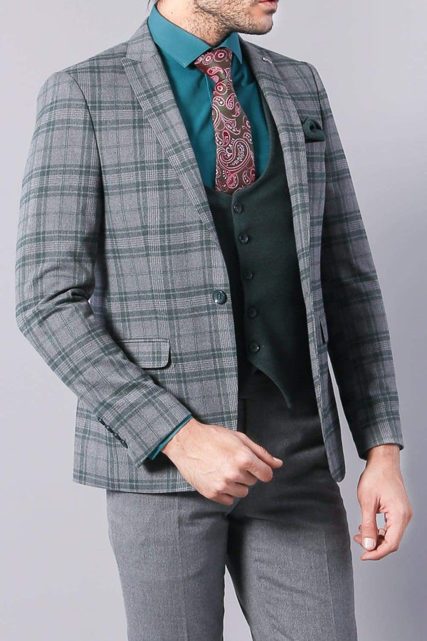 Dex Mens 3 Piece Sage Tweed Check Style Slim Fit Suit - 36R - Suit & Tailoring