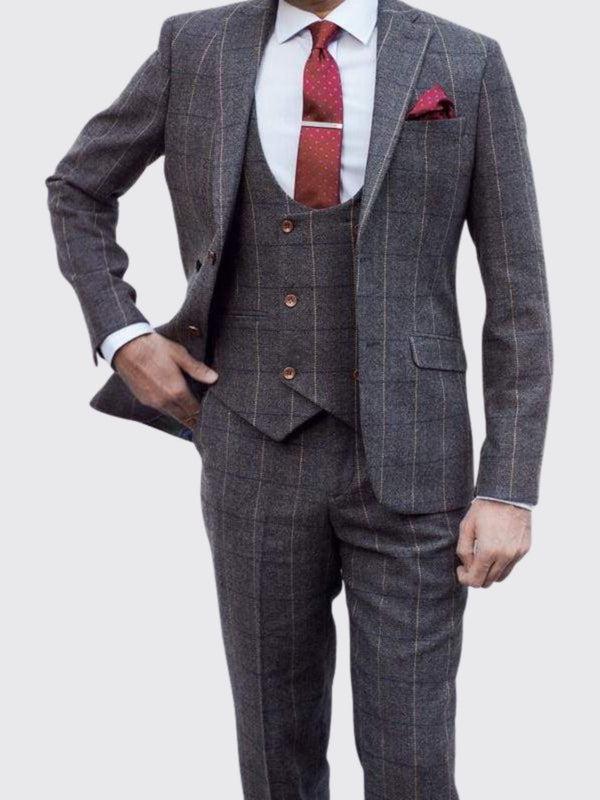 Ezra Men’s Grey Herringbone Slim Fit 3 Piece Tweed Suit - Suit & Tailoring