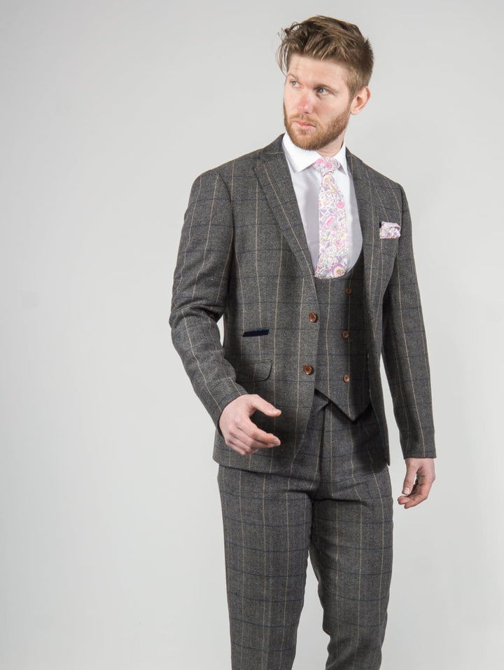 Mens Tweed Blazer Ezra Grey Herringbone Check Slim Fit by Marco Prince - Suit & Tailoring