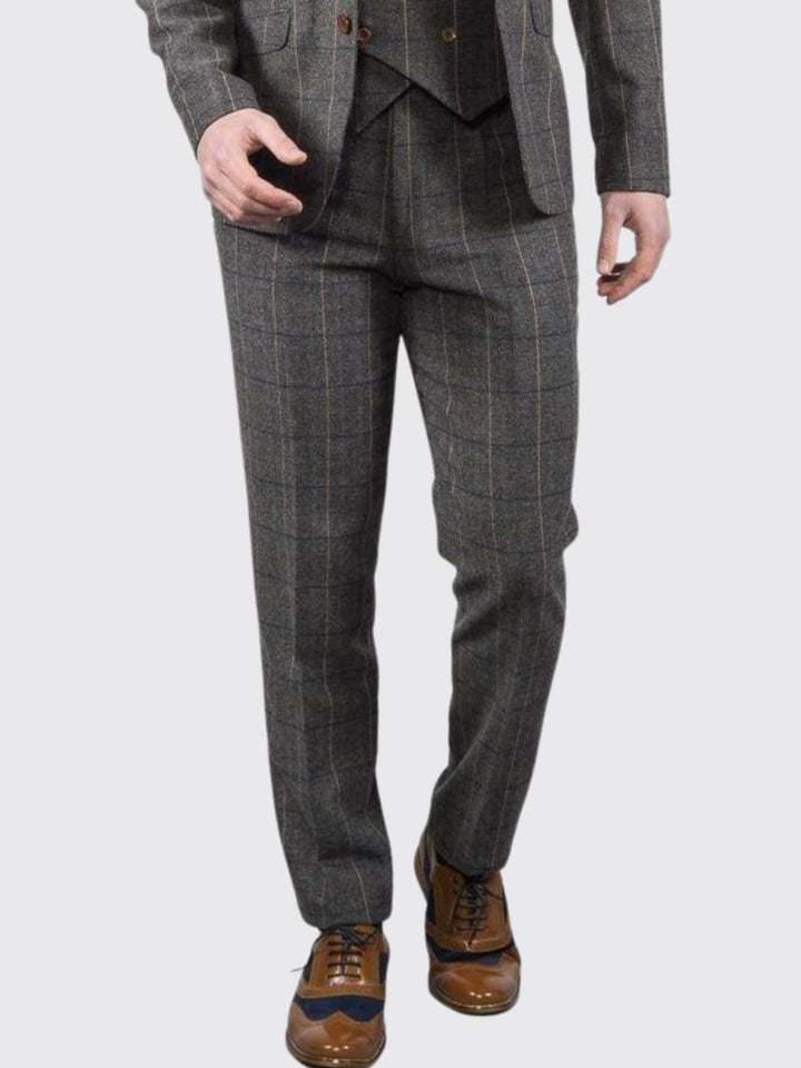 Ezra Men’s Grey Herringbone Slim Fit Tweed Trousers - 30R - Trousers