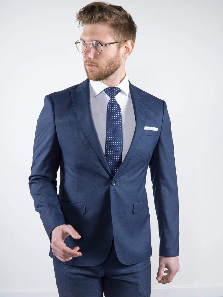 Marco Prince Grande Mens 3 Piece Blue Slim Fit Textured Suit - Suit & Tailoring