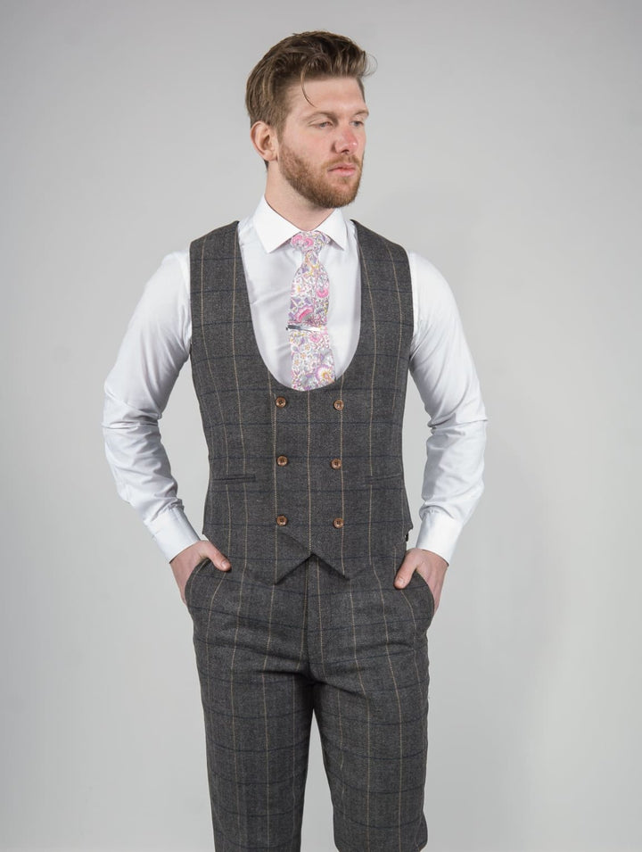 Marco Prince Ezra Mens 3 Piece Grey Slim Fit Check Tweed Suit - Suit & Tailoring