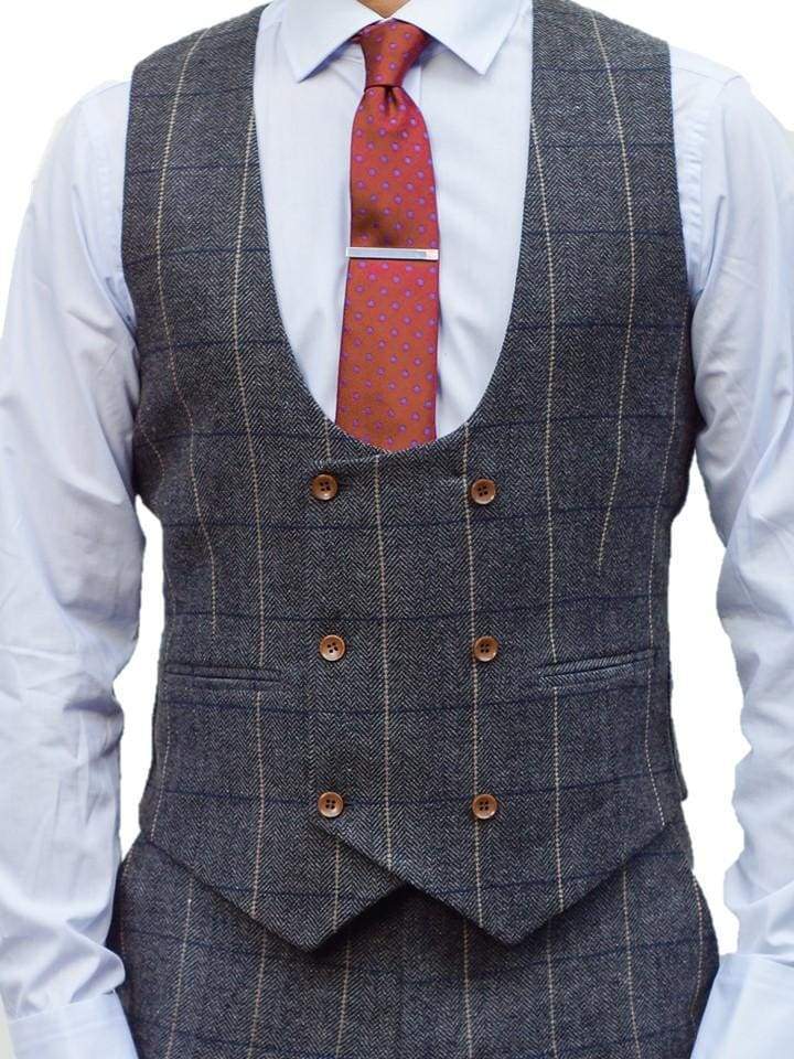 Marco Prince Ezra Mens 3 Piece Grey Slim Fit Check Tweed Suit - Suit & Tailoring
