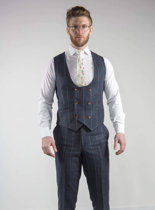 Mens Tweed Waistcoat Marco Prince Keaton Navy Tweed Check Double Breasted - Suit & Tailoring