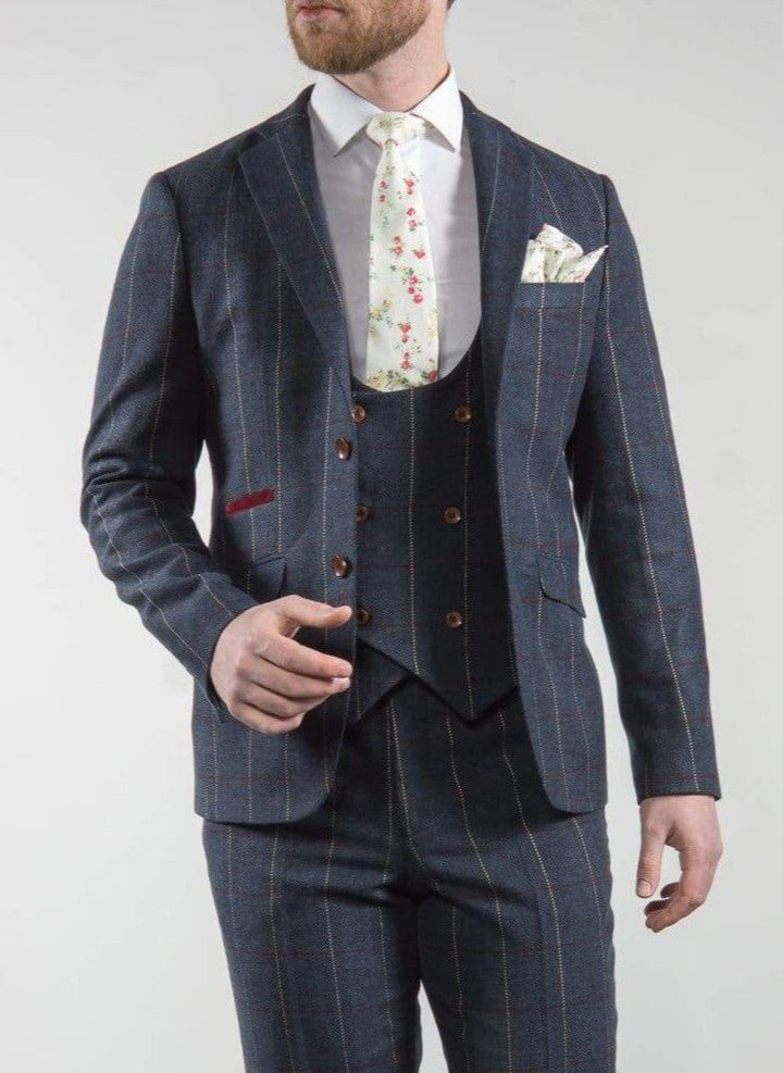 Marco Prince Keaton Mens 3 Piece Blue Slim Fit Check Tweed Suit - 36R / 30R - Suit & Tailoring