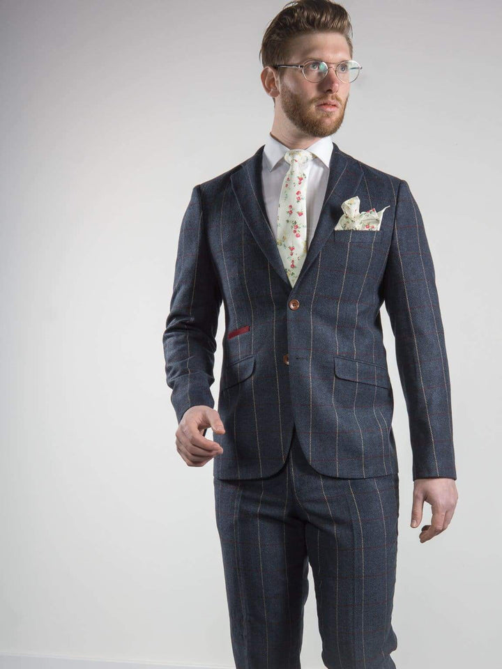 Mens Tweed Blazer Keaton Navy Herringbone Check Slim Fit Jacket by Marco Prince - Suit & Tailoring