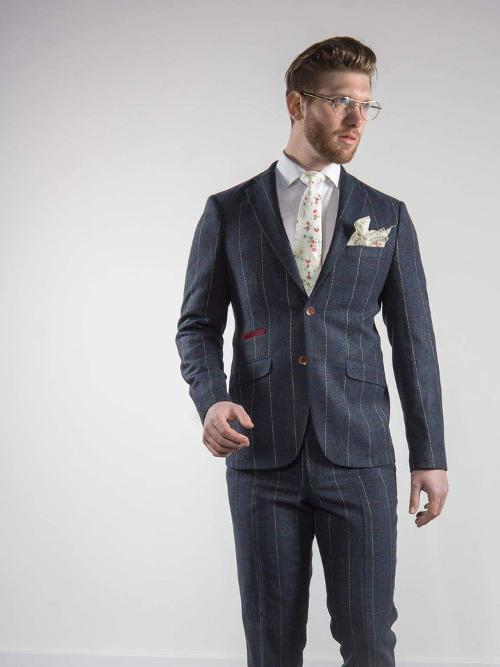 Marco Prince Keaton Mens 3 Piece Blue Slim Fit Check Tweed Suit - Suit & Tailoring
