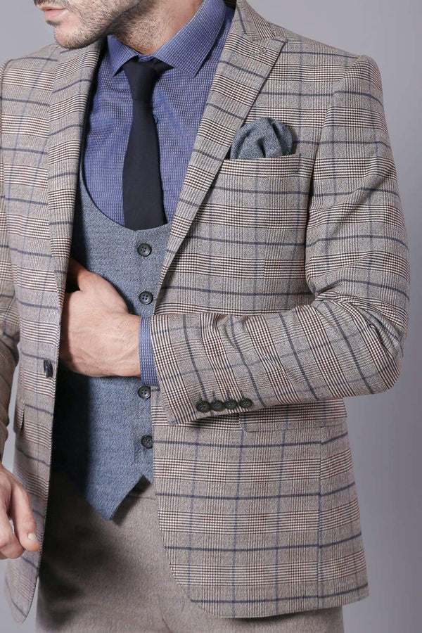 Rocco Mens 3 Piece Beige Blue Tweed Check Slim Fit Suit - 36R - Suit & Tailoring