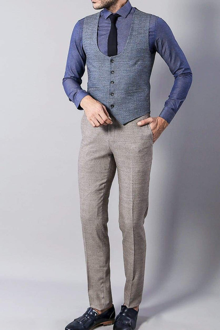 Rocco Mens 3 Piece Beige Blue Tweed Check Slim Fit Suit - Suit & Tailoring
