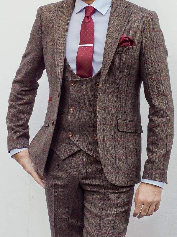 Marco Prince Ronan Mens 3 Piece Brown Slim Fit Check Tweed Suit - 36R / 30R - Suit & Tailoring