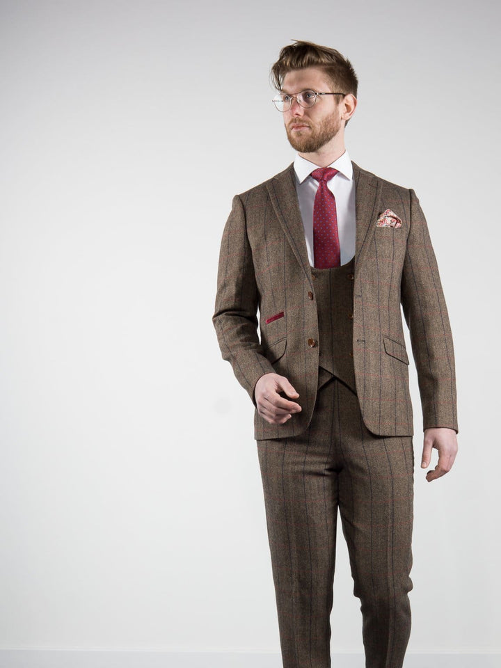 Marco Prince Ronan Mens 3 Piece Brown Slim Fit Check Tweed Suit - Suit & Tailoring