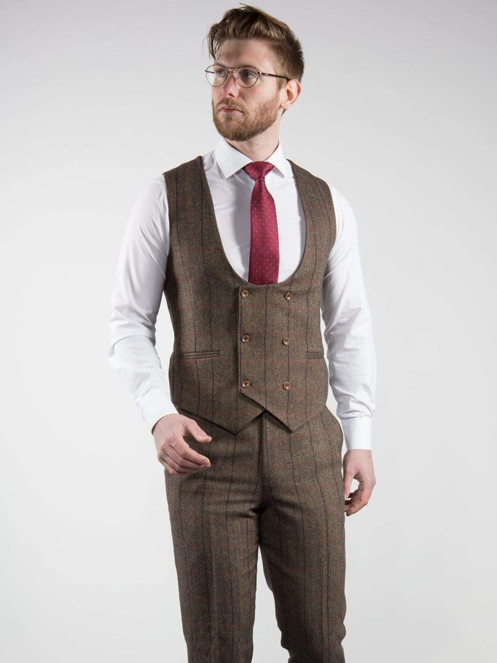 Marco Prince Ronan Mens 3 Piece Brown Slim Fit Check Tweed Suit - Suit & Tailoring