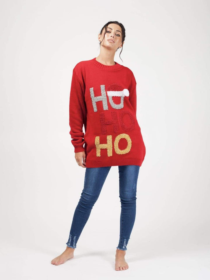 Womens HO HO HO Knitted Christmas Jumper In Red - FOR HER