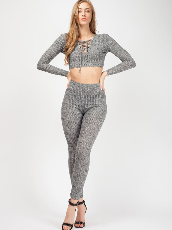 Womens Lace Up Ribbed Crop Top & Trouser Co-ord - S/M / Grey - FOR HER