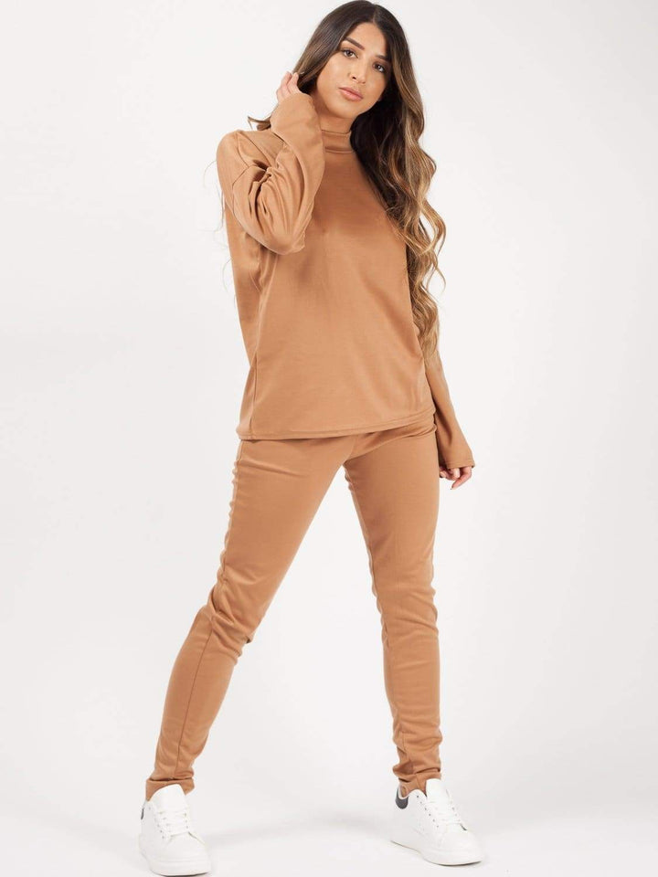 Womens Long Sleeves Camel Brown Loungewear Co-ord - S/M / Brown - FOR HER