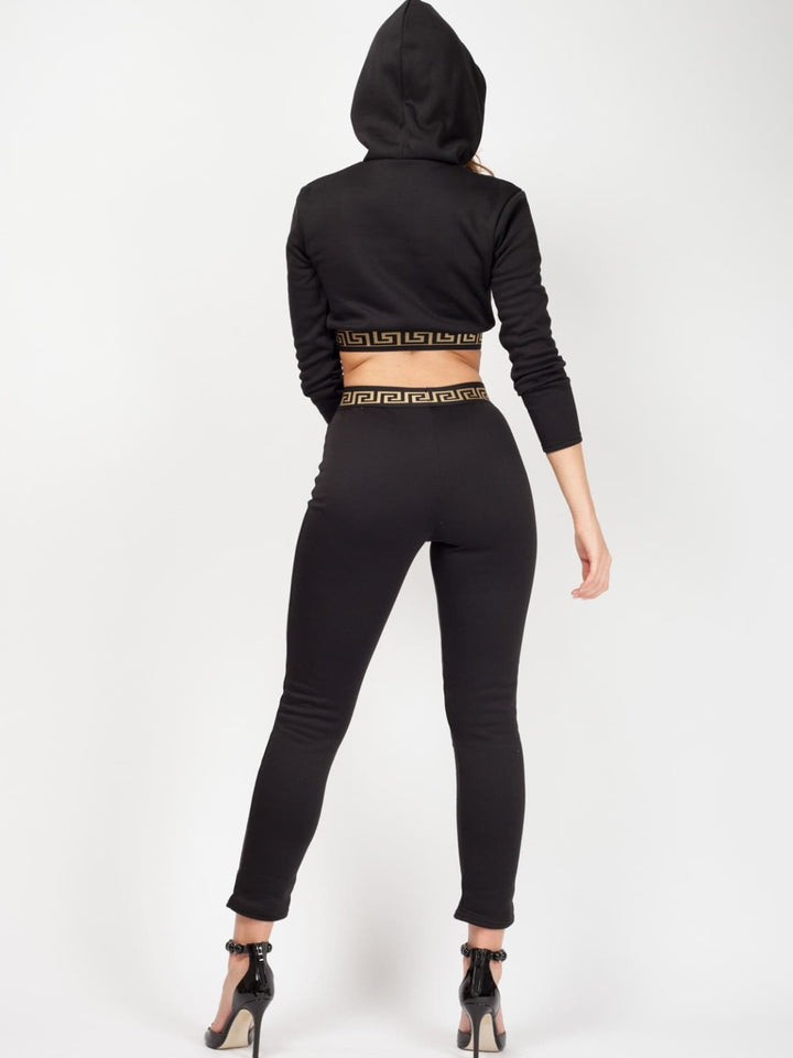 Womens Patterned Trim Fleece Hooded Crop Top & Trouser Co-ord - FOR HER