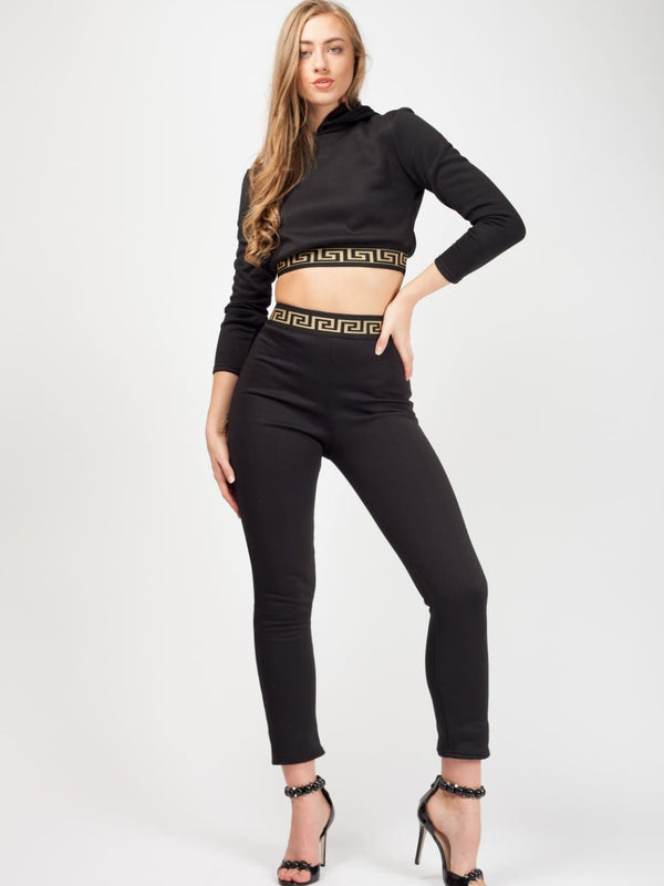 Womens Patterned Trim Fleece Hooded Crop Top & Trouser Co-ord - FOR HER