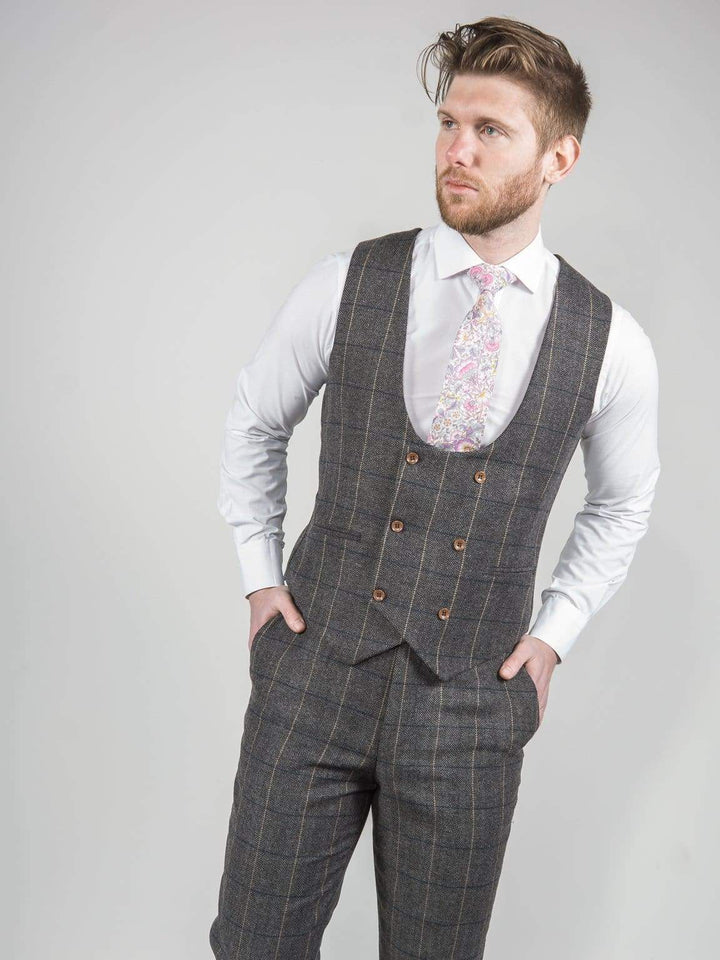 Mens Tweed Waistcoat Marco Prince Ezra Grey Tweed Check Double Breasted - Suit & Tailoring