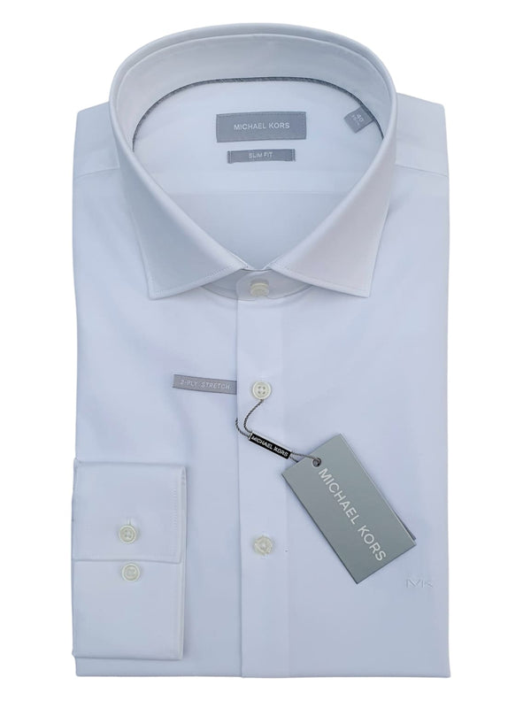 Michael Kors Men’s White Premium Long Sleeve Single Cuff Slim Fit Shirt - 15 3/4 - Shirts