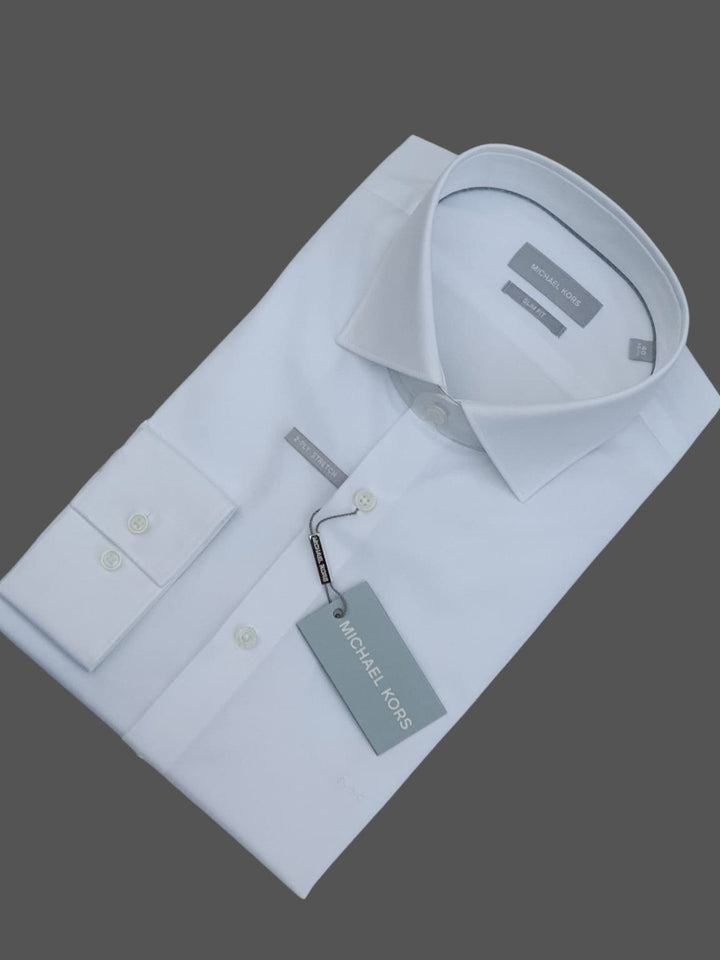 Michael Kors Men’s White Premium Long Sleeve Single Cuff Slim Fit Shirt - Shirts