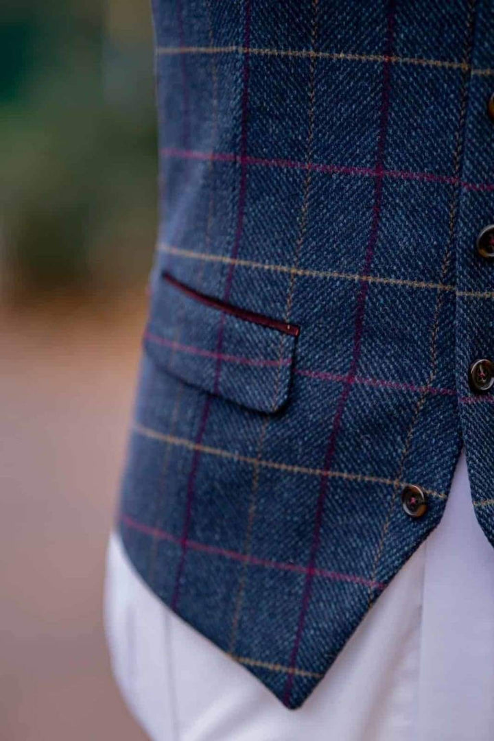 Skopes Doyle Navy Herringbone Check Tweed Suit Waistcoat - Suit & Tailoring