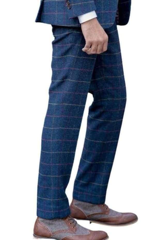 Skopes Doyle Navy Herringbone Check Tweed Tapered Trousers - Suit & Tailoring