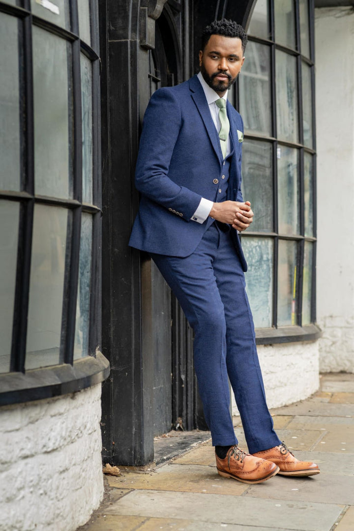 Skopes Jude Navy Blue Herringbone Tweed 3 Piece Suit - Suits