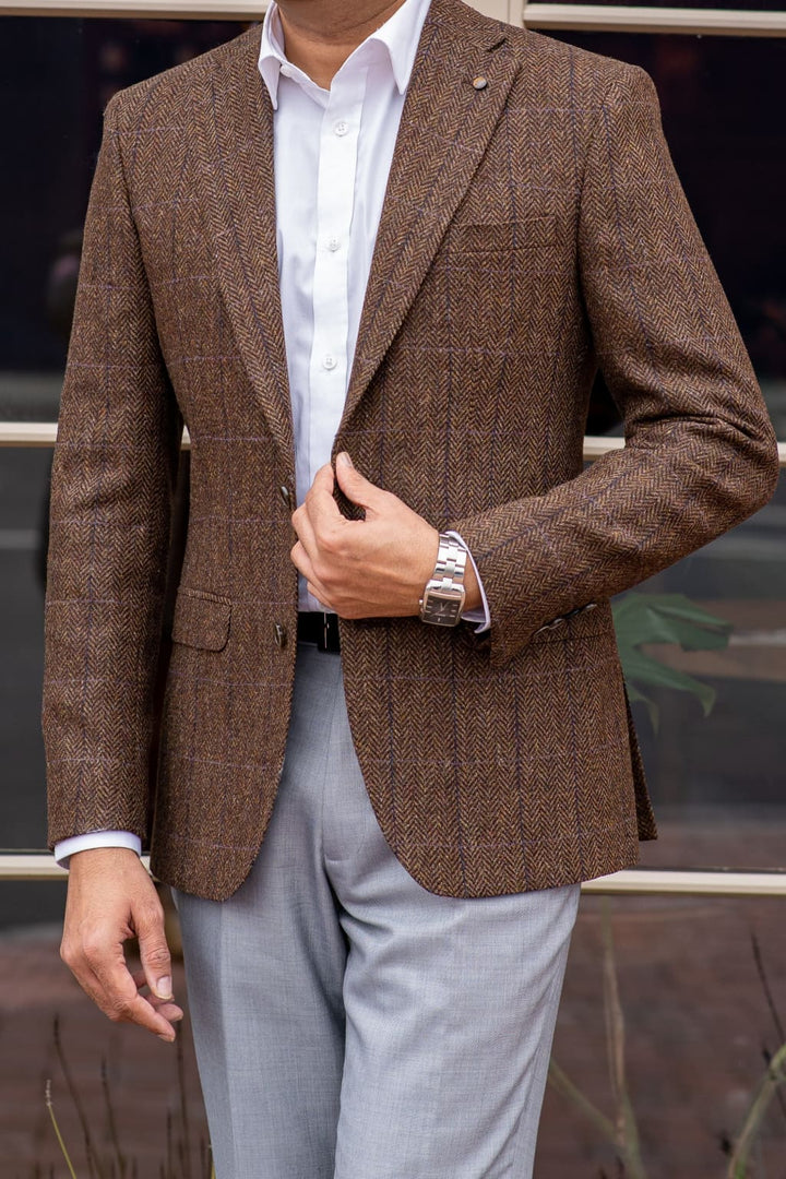 Torre Alex Premium Pure Wool Men’s Brown Tweed Blazer - Jackets