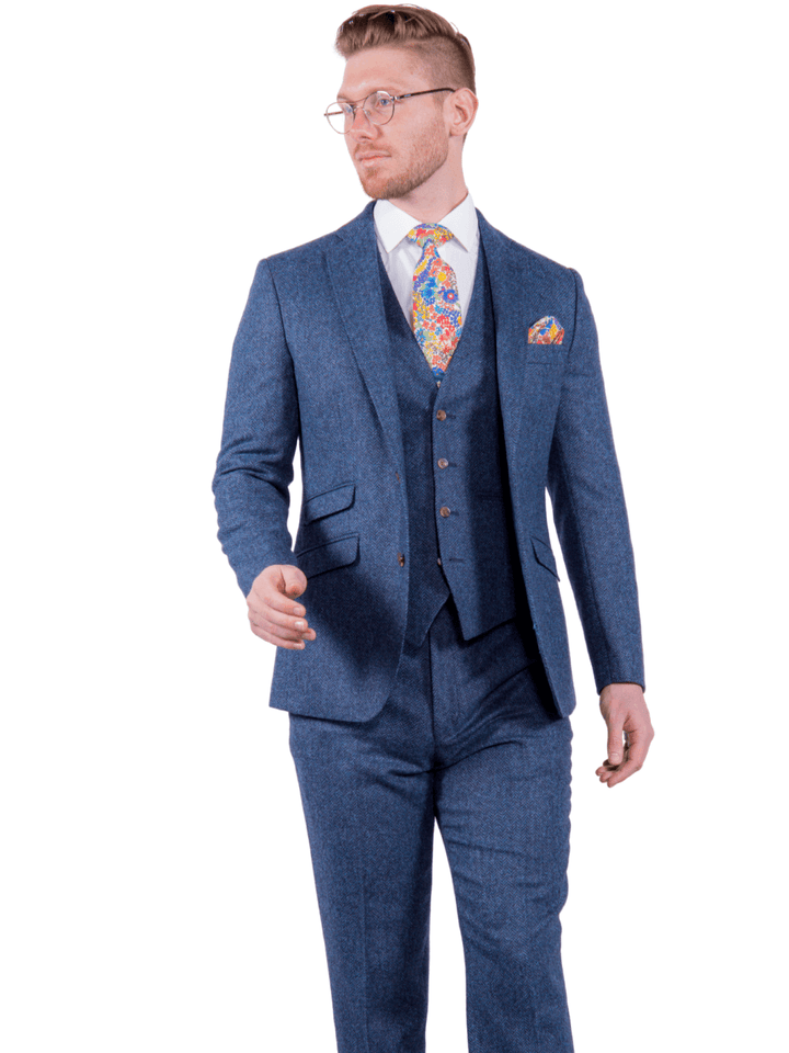 Torre Blue 100% British Wool Herringbone Mens Three Piece Tweed Suit - UK38S EU24 / 32S - Suit & Tailoring