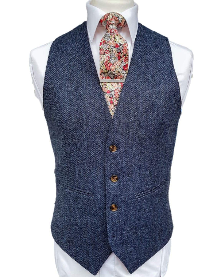 Torre Blue 100% British Wool Herringbone Mens Tweed Waistcoat - Suit & Tailoring