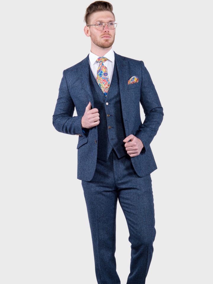 Torre Blue 100% British Wool Herringbone Tweed Trousers - Suit & Tailoring