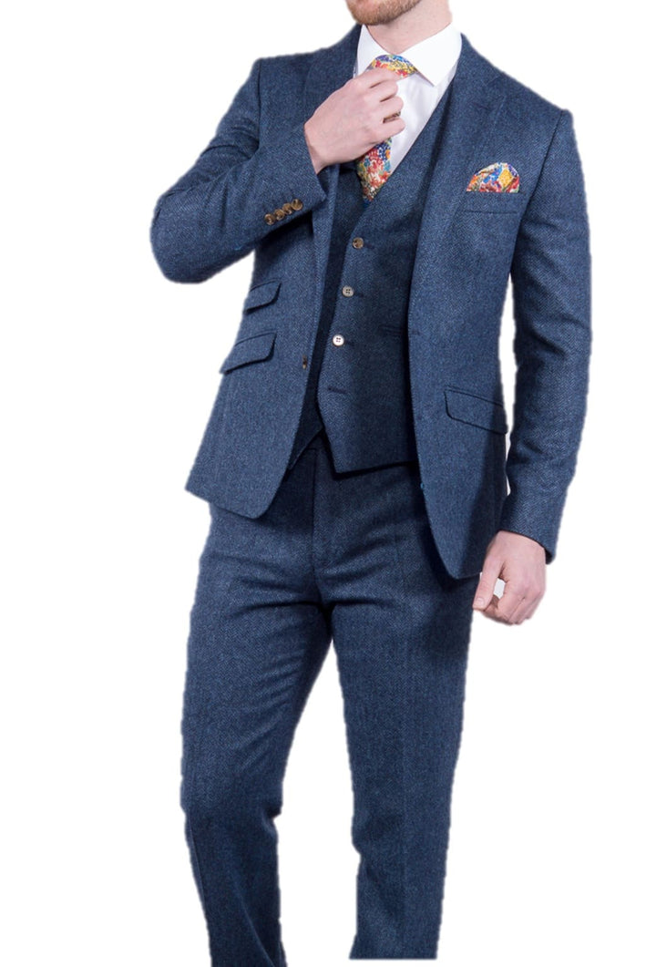 Torre Men’s Blue 3 Piece 100% British Wool Tweed Suit - Suit & Tailoring