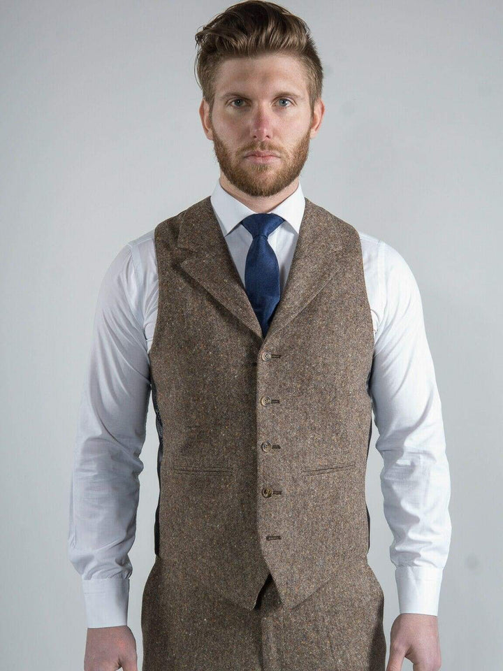 Torre Elton Tweed Mens Brown 100% Donegal Wool Tweed Waistcoat - 36R - Suit & Tailoring