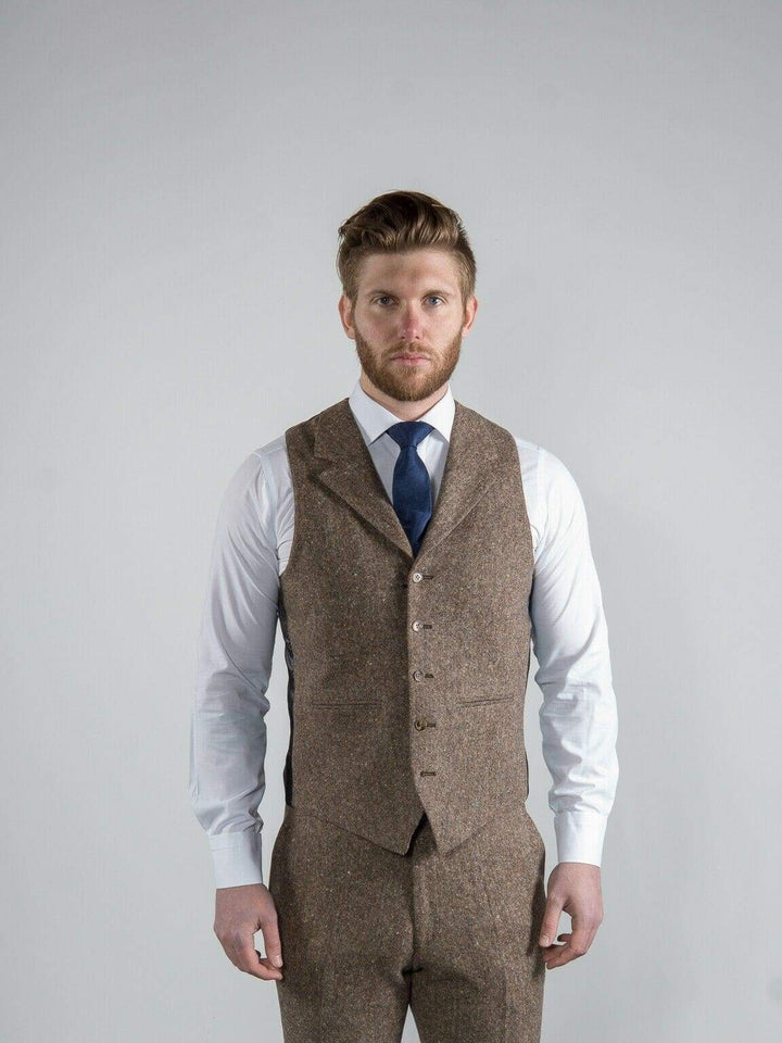 Torre Elton Tweed Mens Brown 100% Donegal Wool Waistcoat - Suit & Tailoring