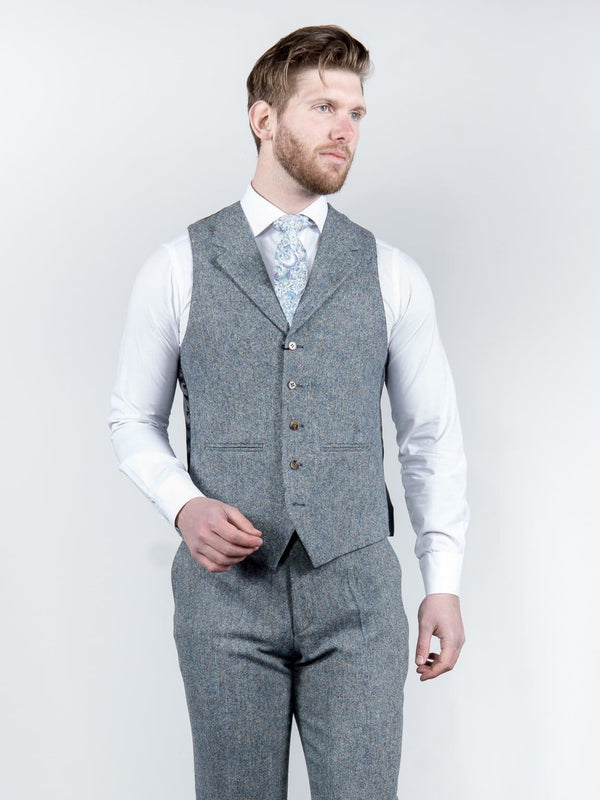 Torre Mens Blue 100% Wool Donegal Tweed Waistcoat - Suit & Tailoring