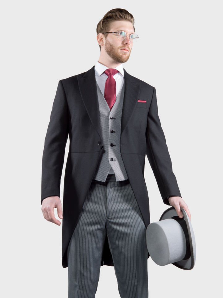 Torre Men’s Classic Black Herringbone Morning Tailcoat - Suit & Tailoring