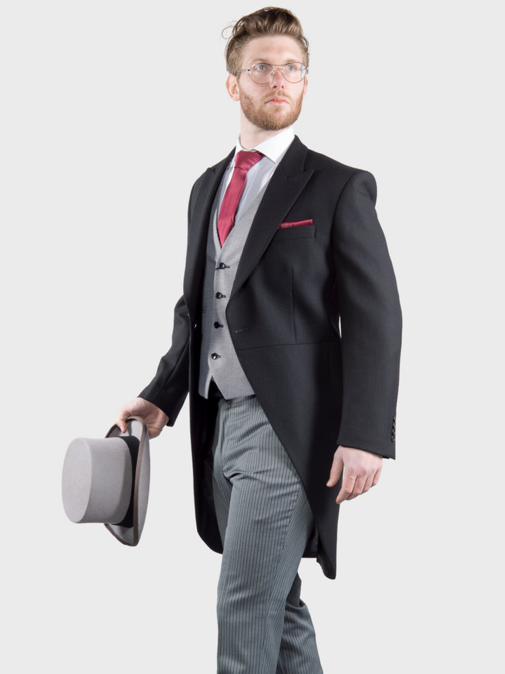 Torre Men’s Classic Black Herringbone Morning Tailcoat - Suit & Tailoring