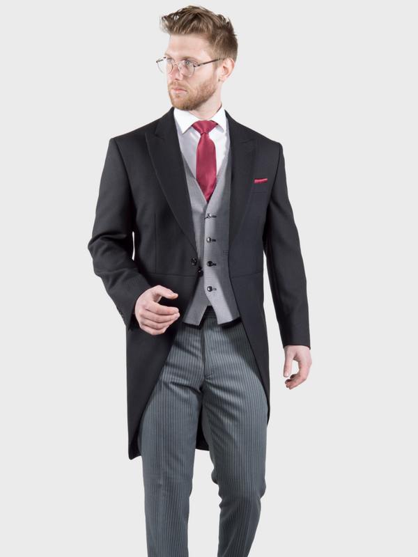 Torre Men’s Classic Black Herringbone Morning Tailcoat - 38S - Suit & Tailoring