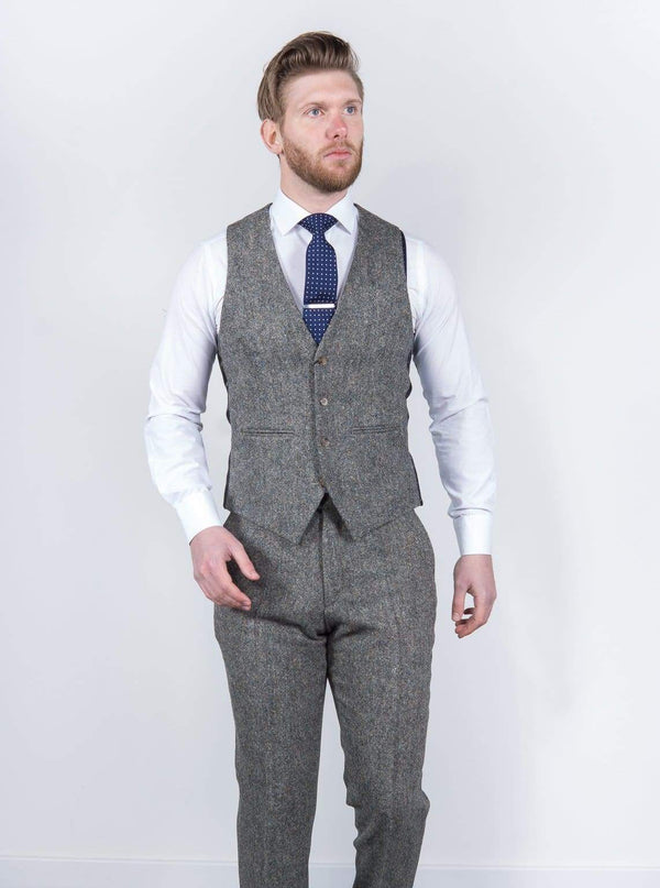 Torre Mens Grey 100% Wool Donegal Tweed Waistcoat - Suit & Tailoring