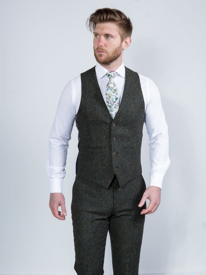 Torre Moss Mens Green 100% Wool Donegal Tweed Waistcoat - Suit & Tailoring