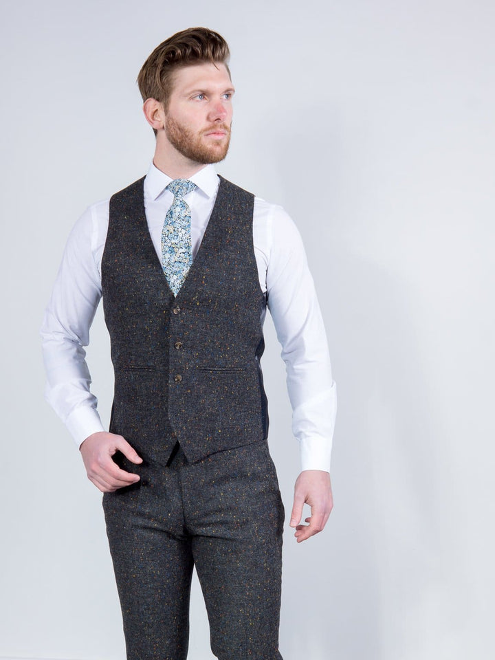 Torre Taylor Mens Grey 100% Wool Donegal Tweed Waistcoat - Suit & Tailoring