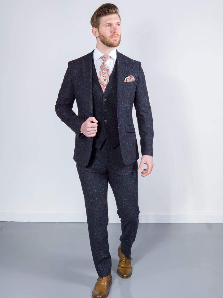 Torre Tweed Mens Navy 100% Wool Donegal Tweed Waistcoat - Suit & Tailoring
